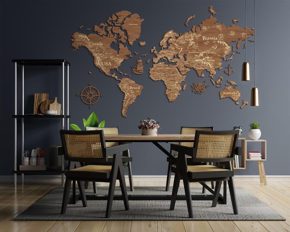 2D Wooden World Map (Perfect World) - Light Walnut