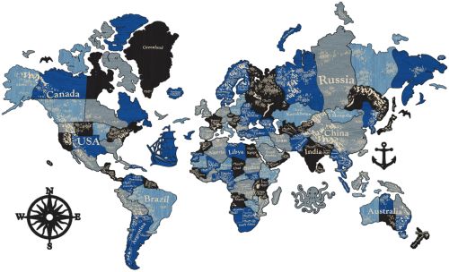 3D Wooden World Map (Perfect World) - Blue & Grey