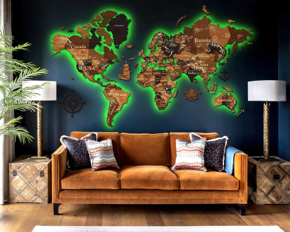 3D LED Wooden World Map Perfect World - Walnut & Wenge