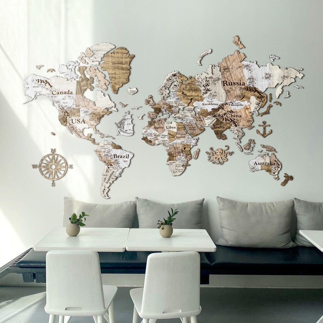3D Colored Wooden World Map (Perfect World) - White Wood