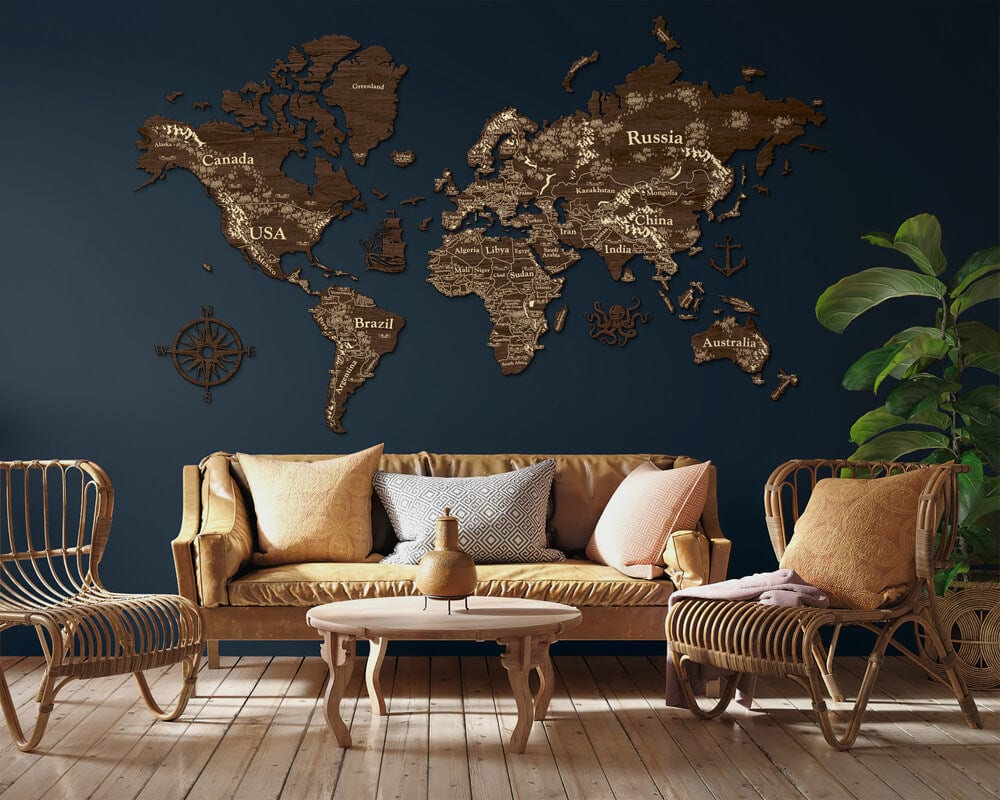 2D Wooden World Map (Perfect World) - Dark Walnut