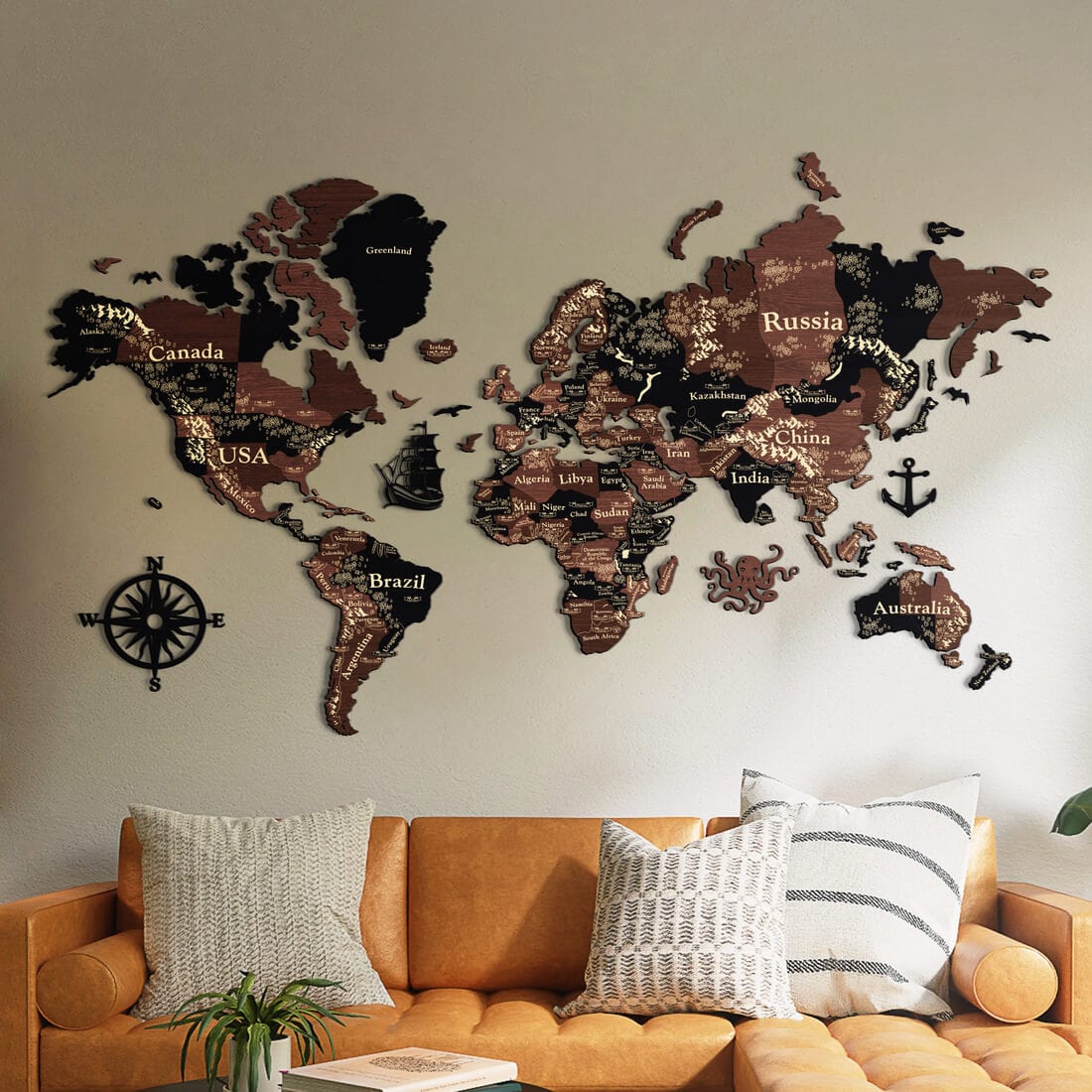 3D Wooden World Map (Perfect World) - Grey with Brown