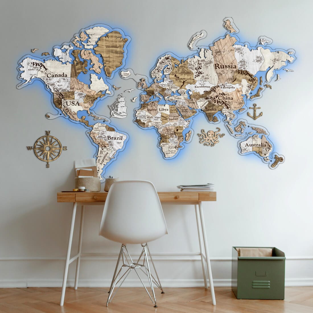 3D LED Colored Wooden World Map (Perfect World) - White Wood