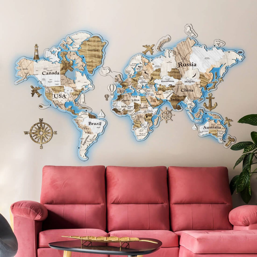 3D LED Colored Wooden World Map (Standart) - White Wood