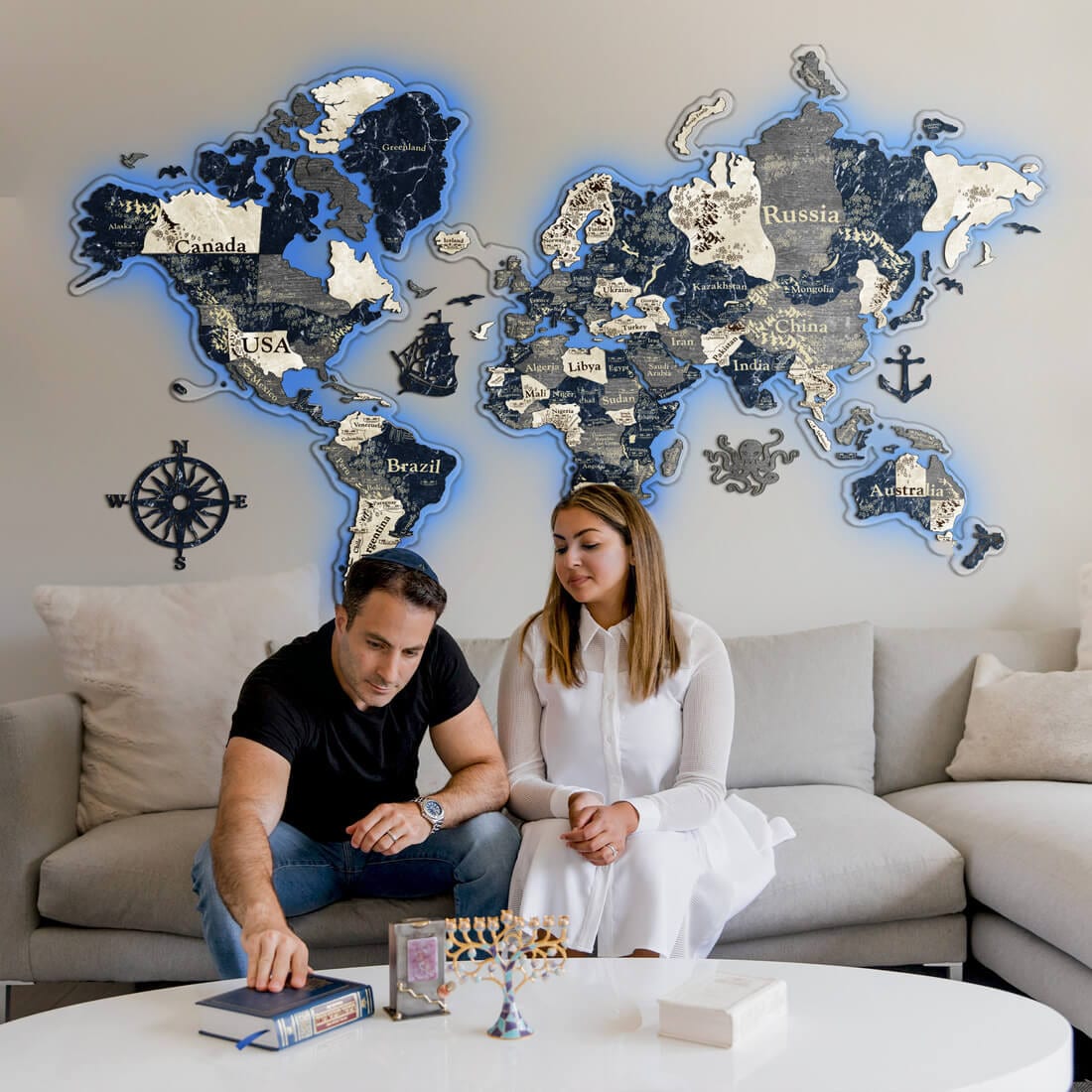 3D LED Colored Wooden World Map (Perfect World) - Sapphire Blue