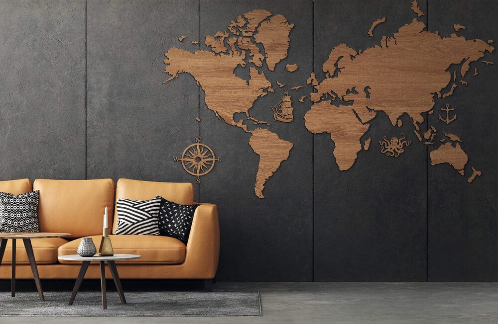 2D Wooden World Map (Perfect World) - Light Walnut