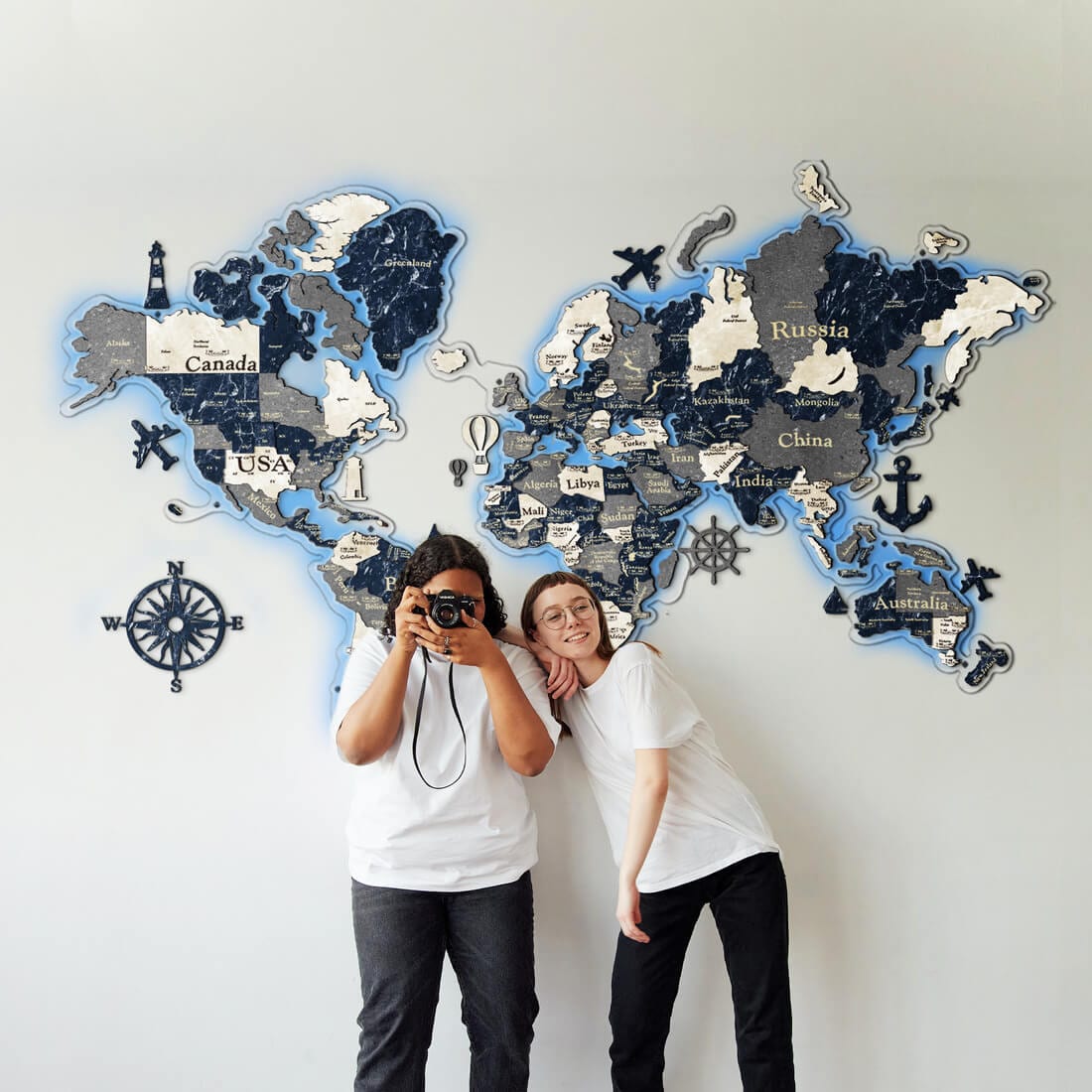 3D LED Colored Wooden World Map (Standart) - Sapphire Blue