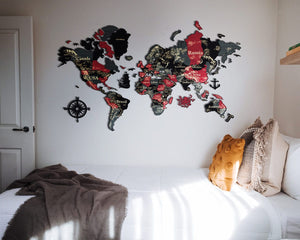 3D Wooden World Map (Perfect World) - Grey with Red