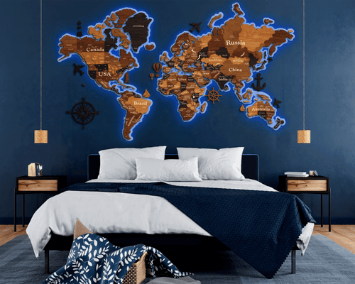 3D Wooden World Map (Perfect World) - Blue & Grey – JustLikeWood