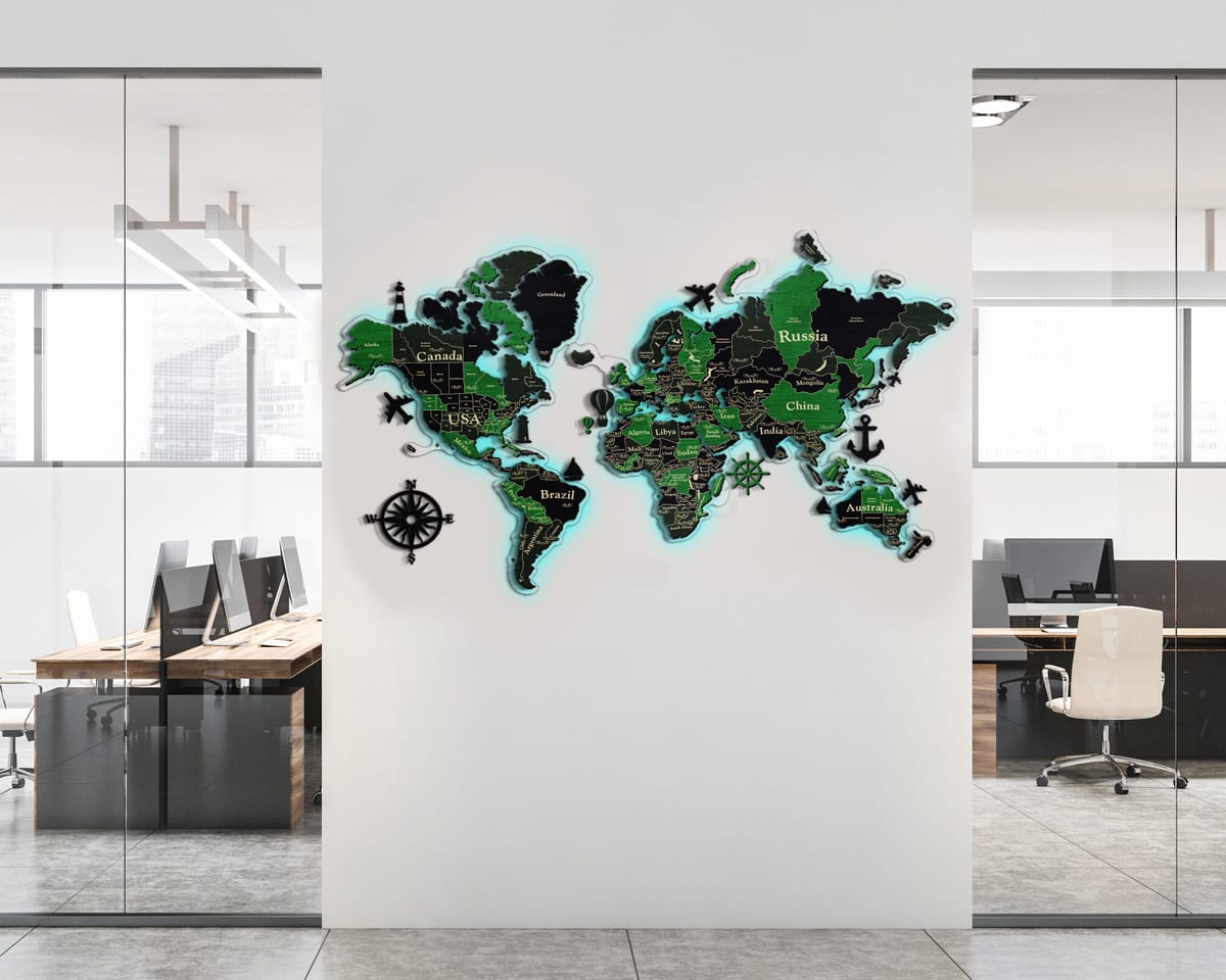 3D LED Wooden World Map Standart - Grey with Green