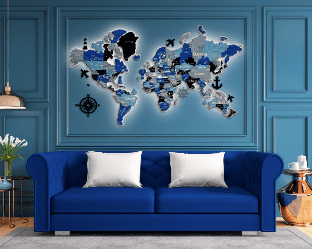 3D LED Wooden World Map Standart - Blue & grey