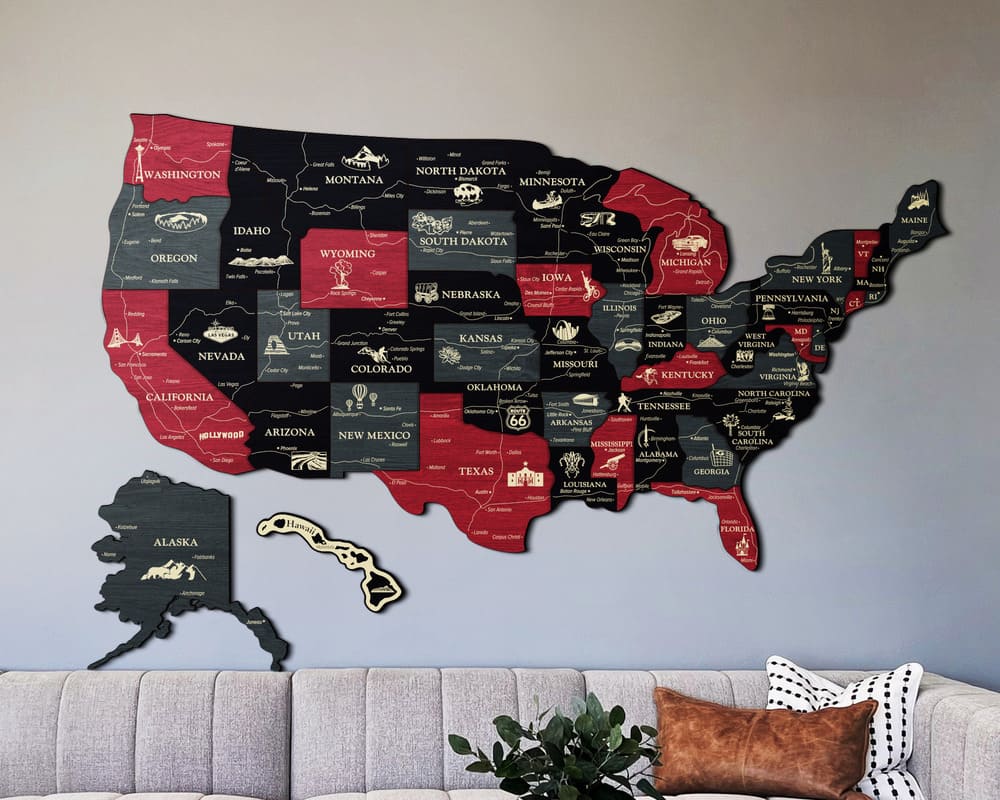 3D Map of USA Prime - Grey with Red