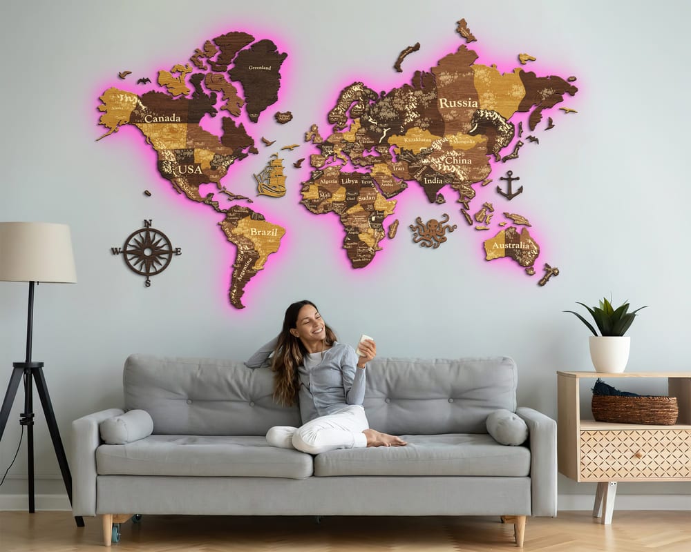 3D LED Wooden World Map Perfect World - Oak & Cypress