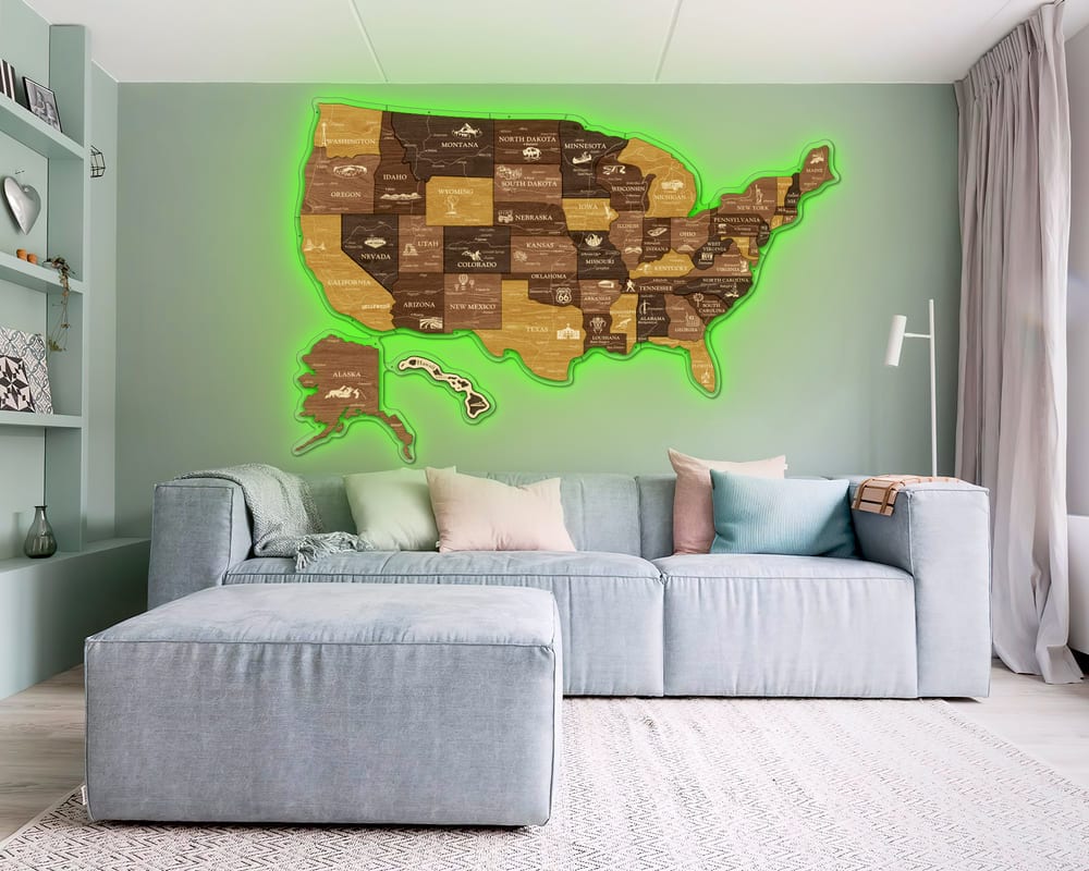 3D LED Map of USA Prime - Oak & Cypress