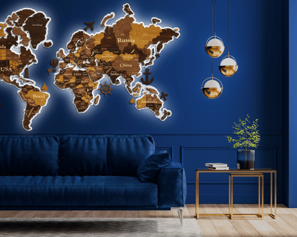 3D LED Wooden World Map Standart - Oak & Cypress