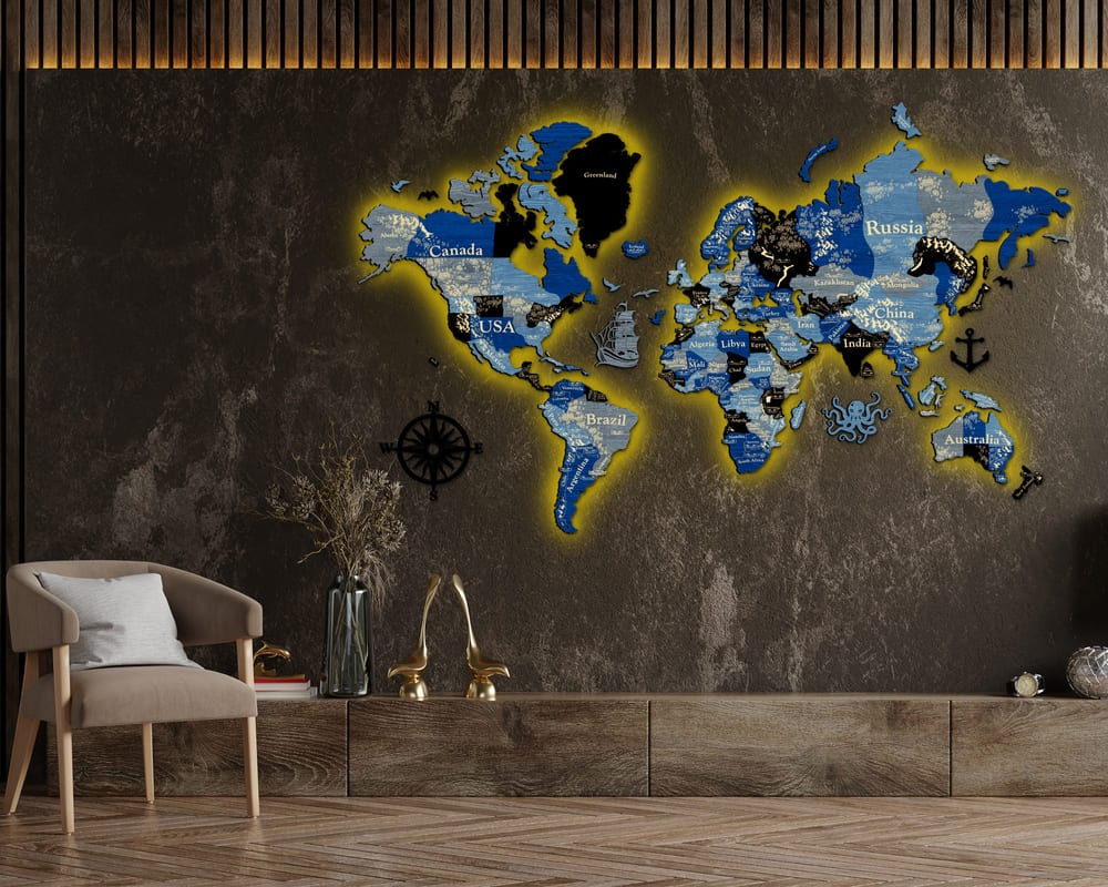 3D LED Wooden World Map Perfect World - Blue & grey