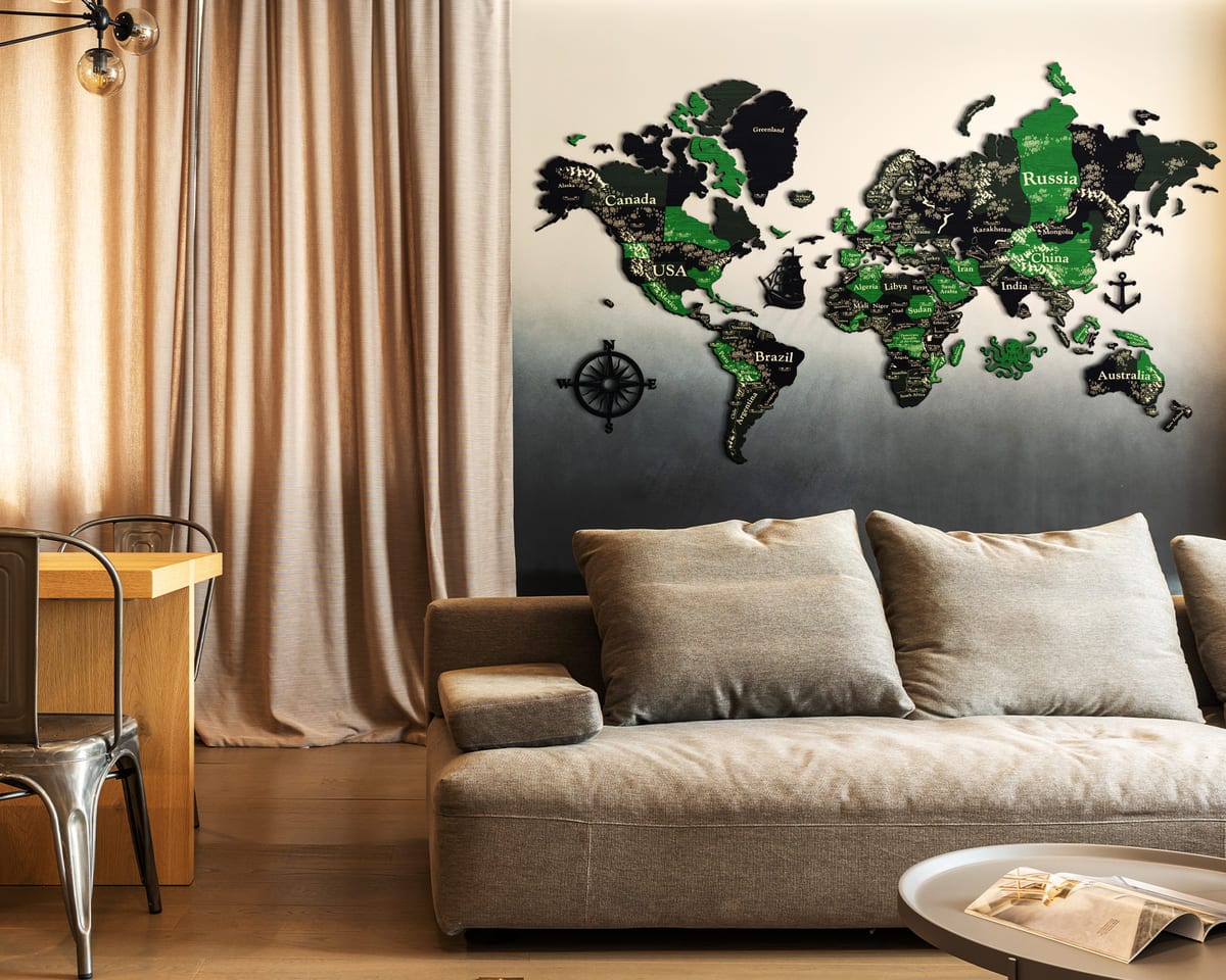 3D Wooden World Map (Perfect World) - Grey with Green