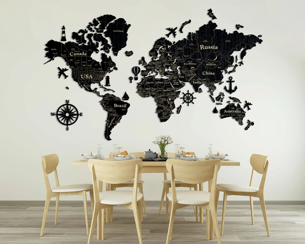 2D Wooden World Map (Standart) - Black