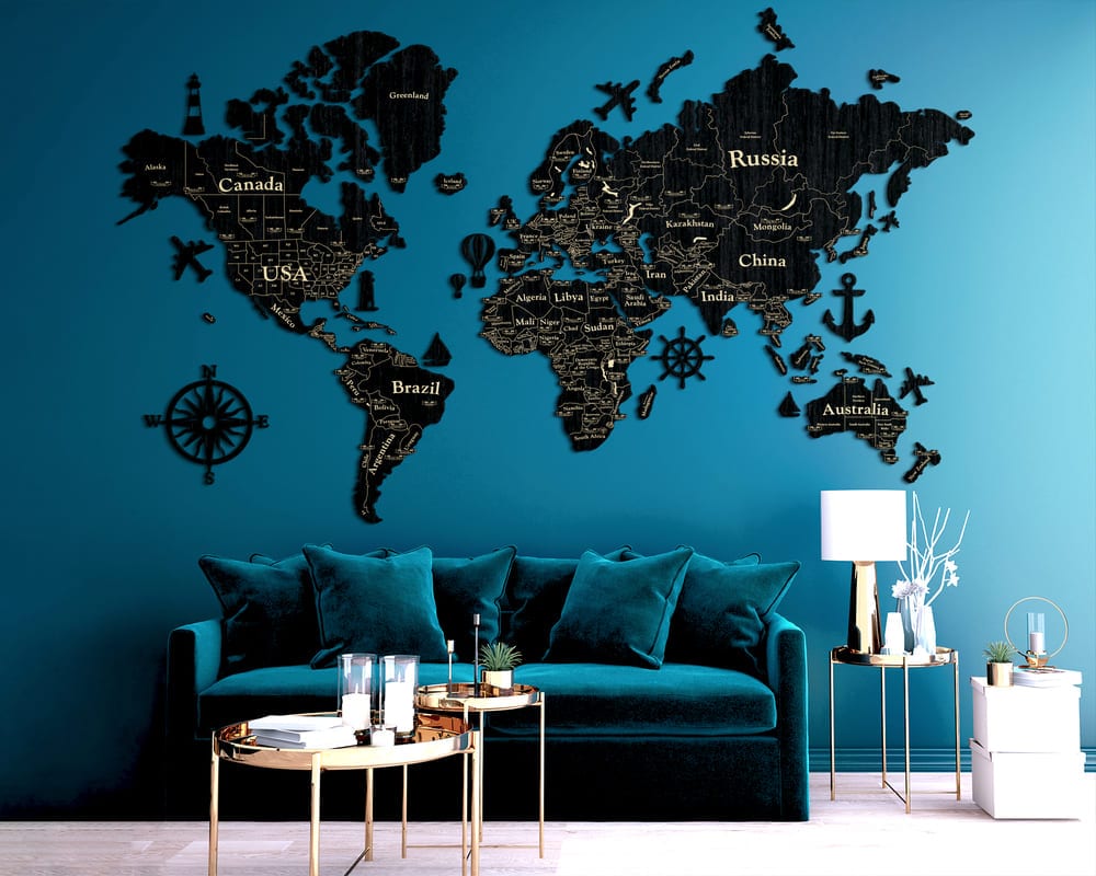 2D Wooden World Map (Standart) - Black