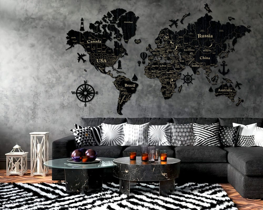 2D Wooden World Map (Standart) - Black