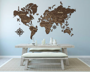 2D Wooden World Map (Standart) - Dark Walnut