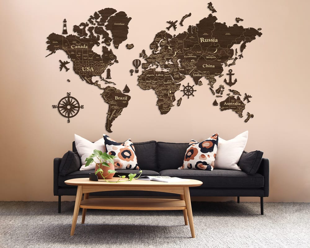 2D Wooden World Map (Standart) - Dark Walnut