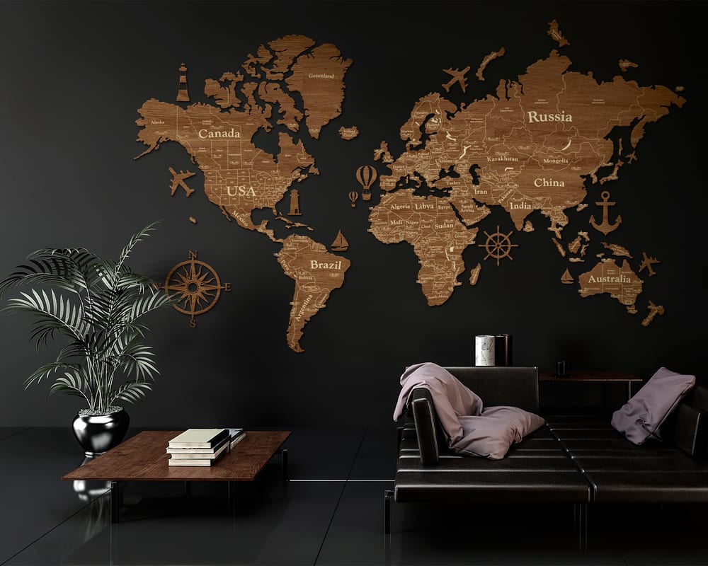 2D Wooden World Map (Standart) - Light Walnut