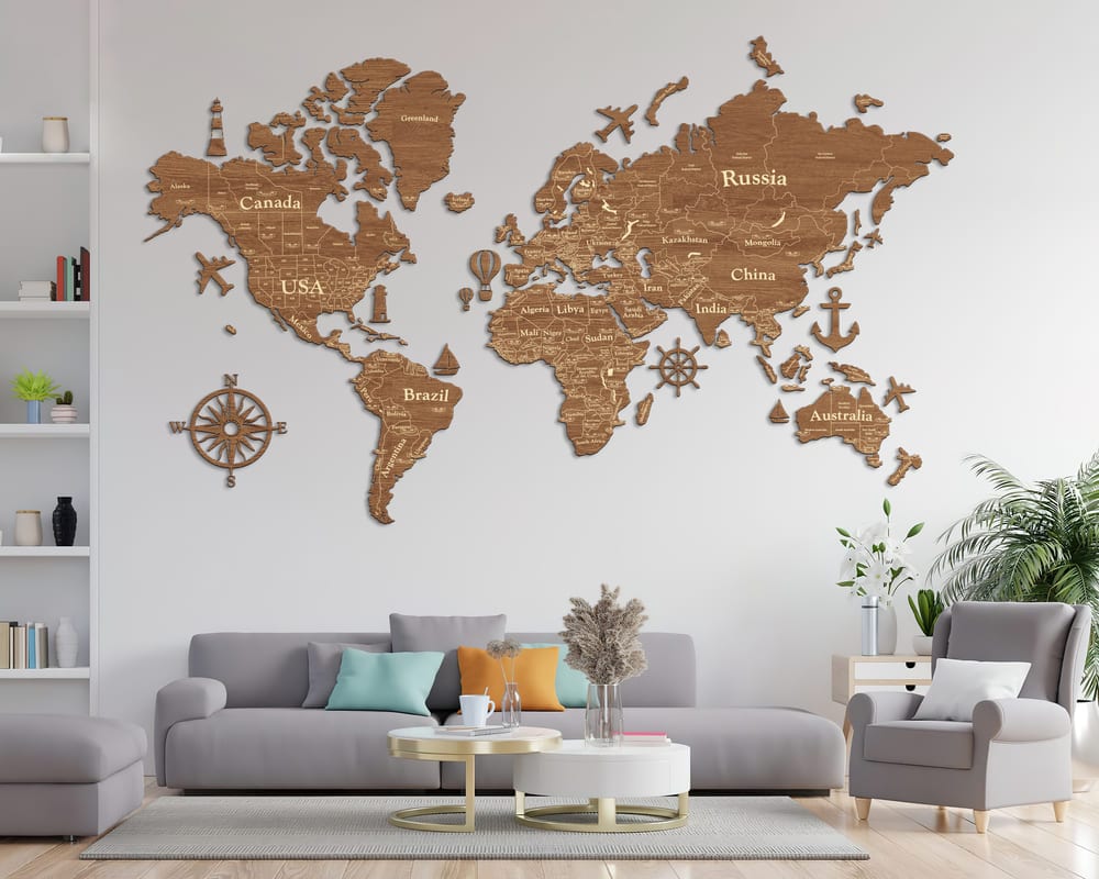 2D Wooden World Map (Standart) - Light Walnut