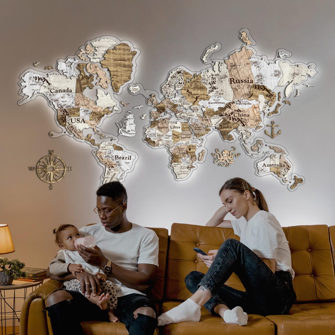 3D LED Colored Wooden World Map (Perfect World) - White Wood