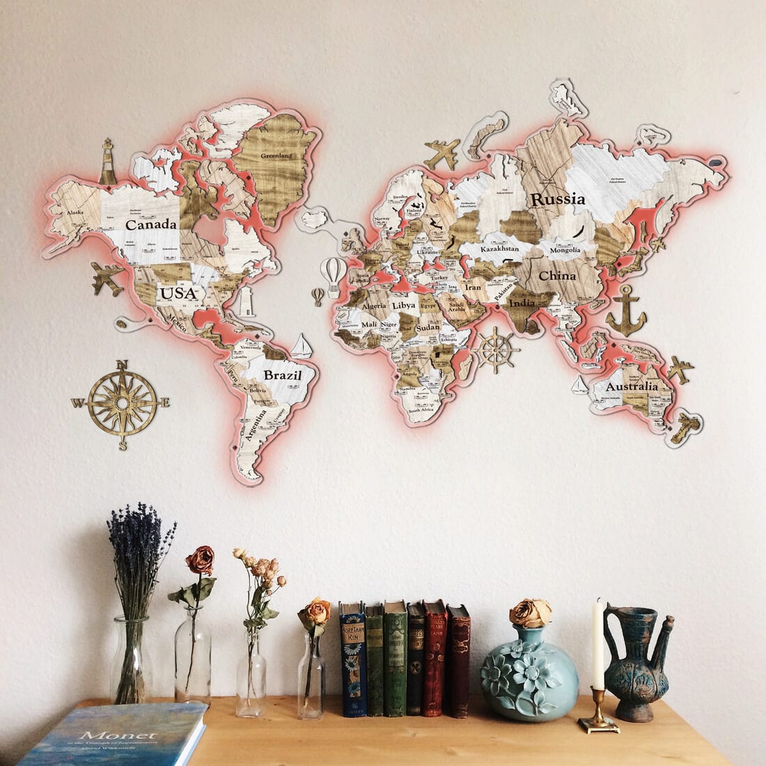 3D LED Colored Wooden World Map (Standart) - White Wood