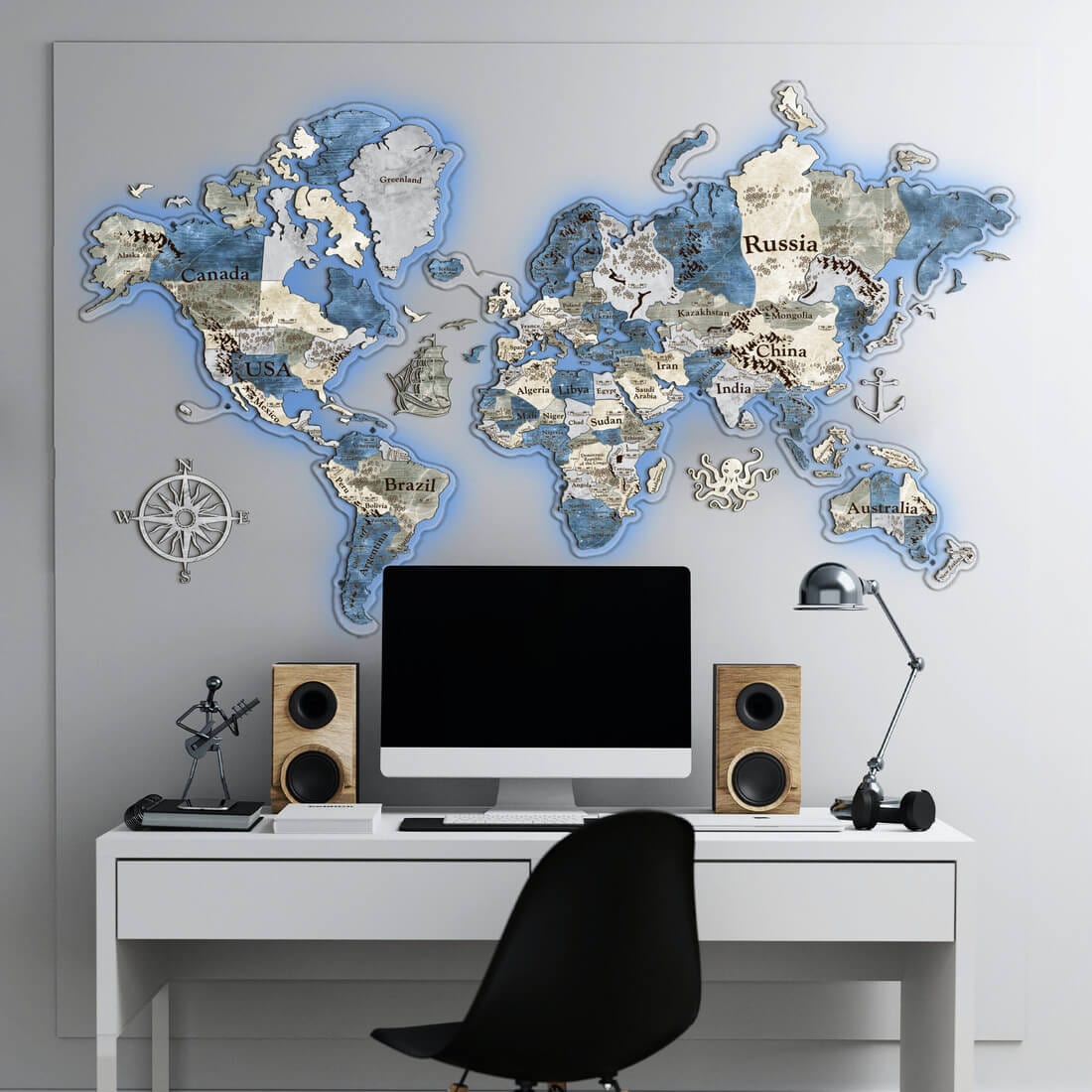 3D LED Colored Wooden World Map (Perfect World) - Diamond Blue