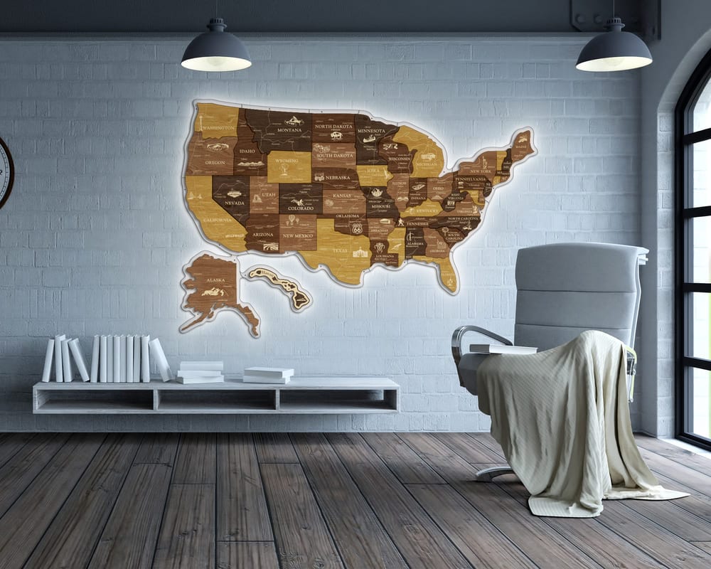 3D LED Map of USA Prime - Oak & Cypress
