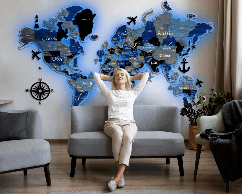 3D LED Wooden World Map Standart - Blue & grey