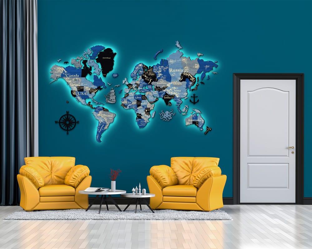 3D LED Wooden World Map Perfect World - Blue & grey