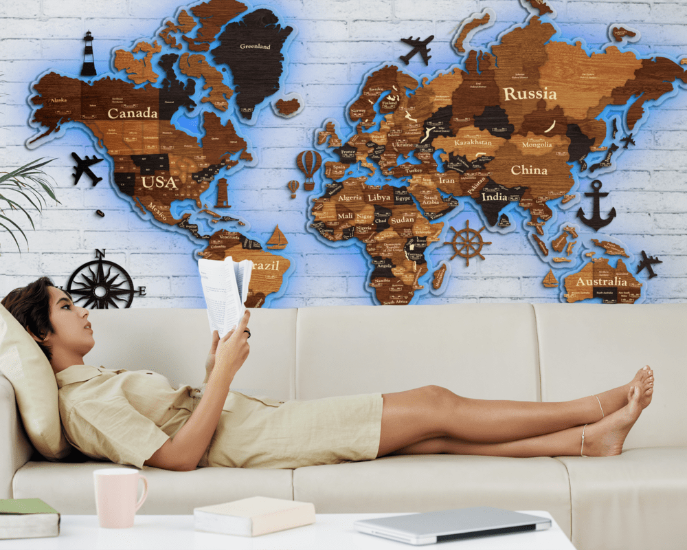 3D LED Wooden World Map Standart - Walnut & Wenge