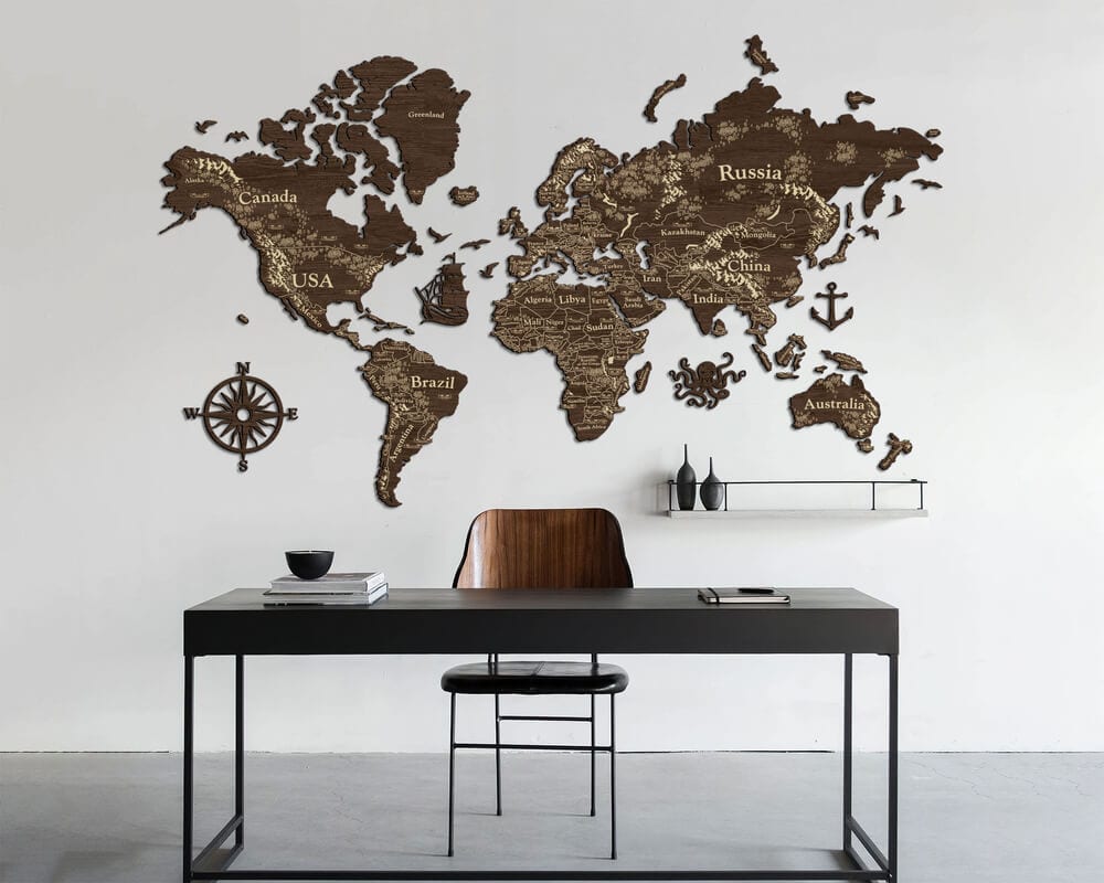 2D Wooden World Map (Perfect World) - Dark Walnut