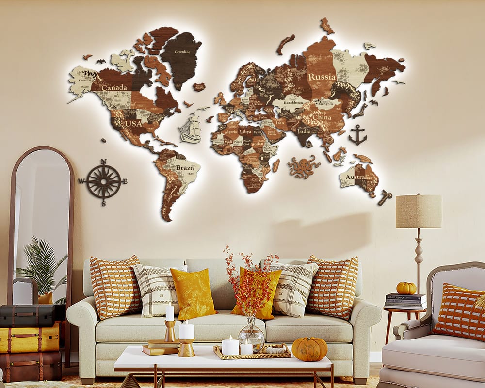 3D LED Wooden World Map Perfect World - Walnut & Rosewood