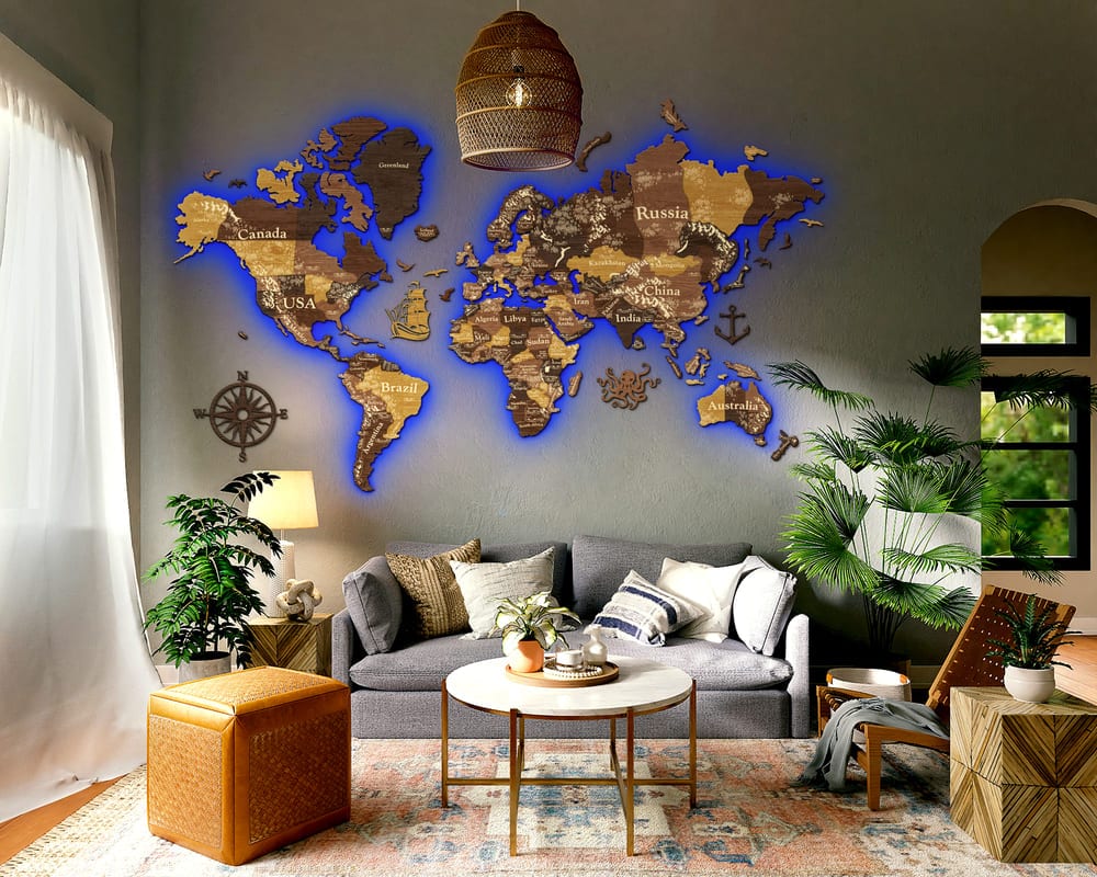 3D LED Wooden World Map Perfect World - Oak & Cypress