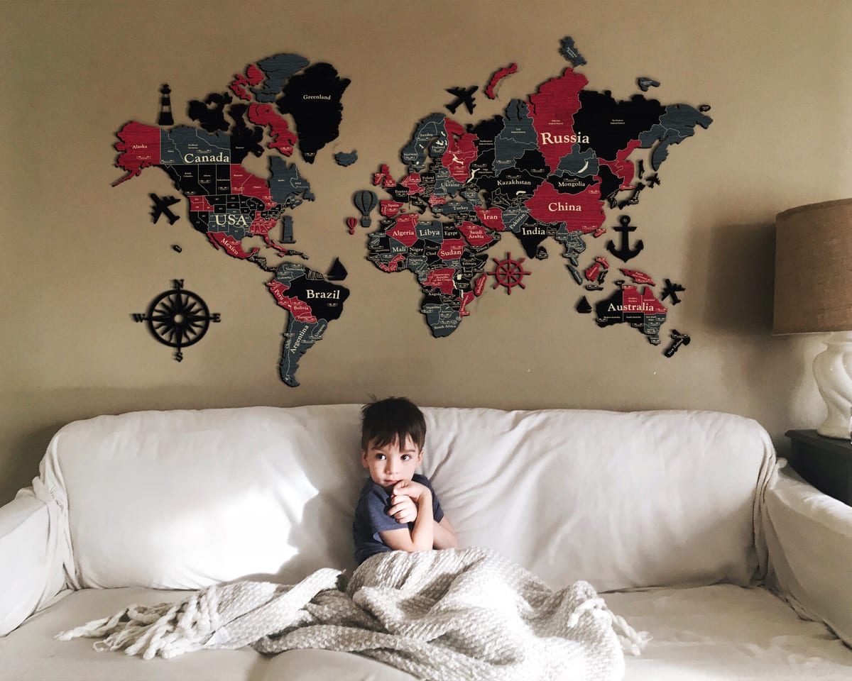 3D Wooden World Map (Standart) - Grey with Red