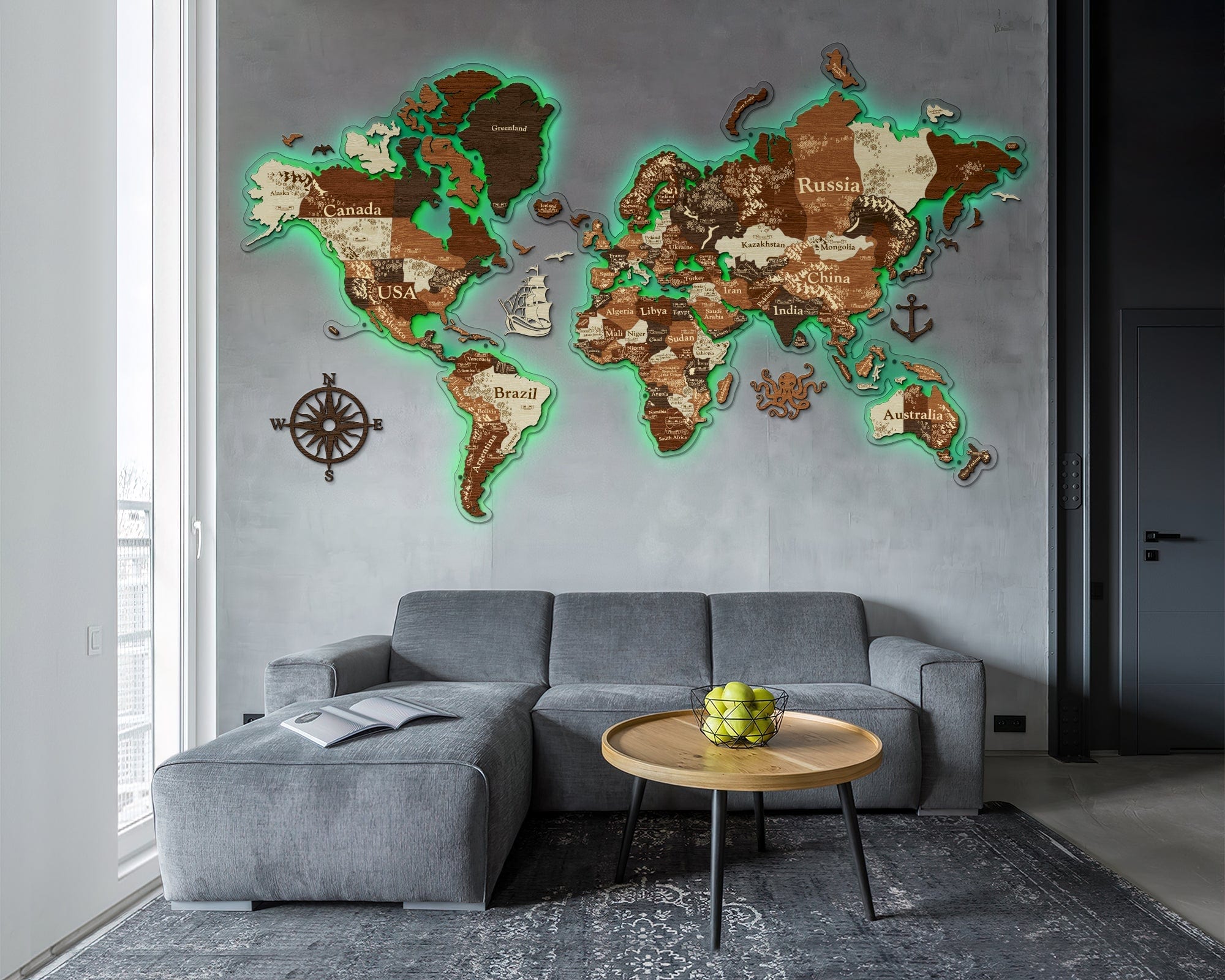 3D LED Wooden World Map Perfect World - Walnut & Rosewood