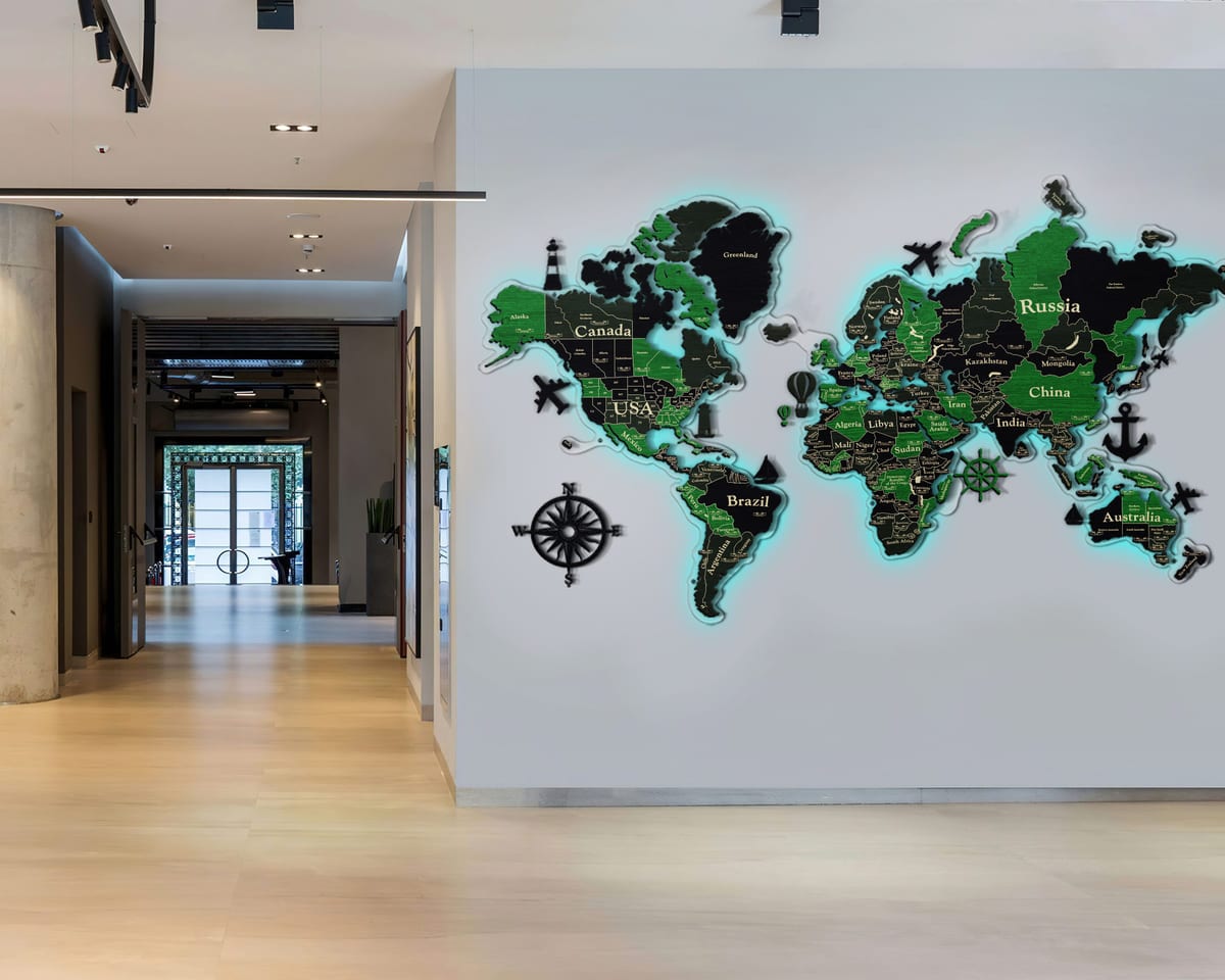 3D LED Wooden World Map Standart - Grey with Green