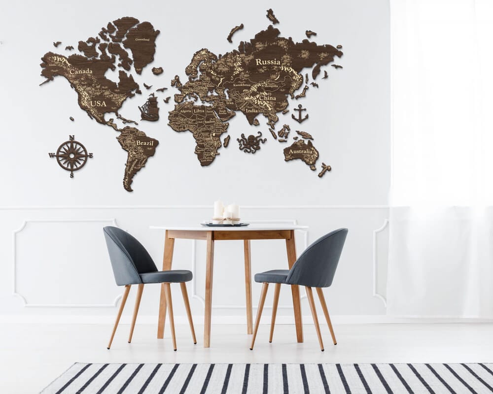 2D Wooden World Map (Perfect World) - Dark Walnut