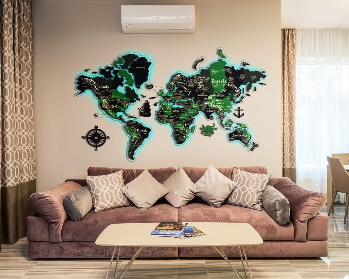 3D LED Wooden World Map Perfect World - Grey with Green