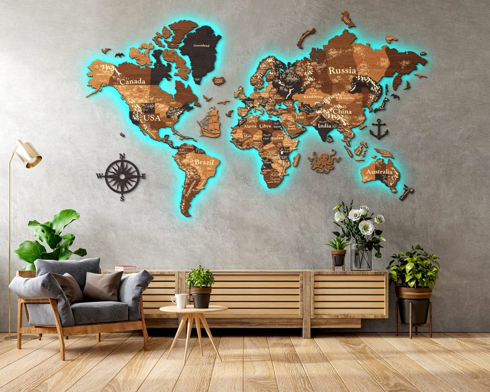 3D LED Wooden World Map Perfect World - Walnut & Wenge