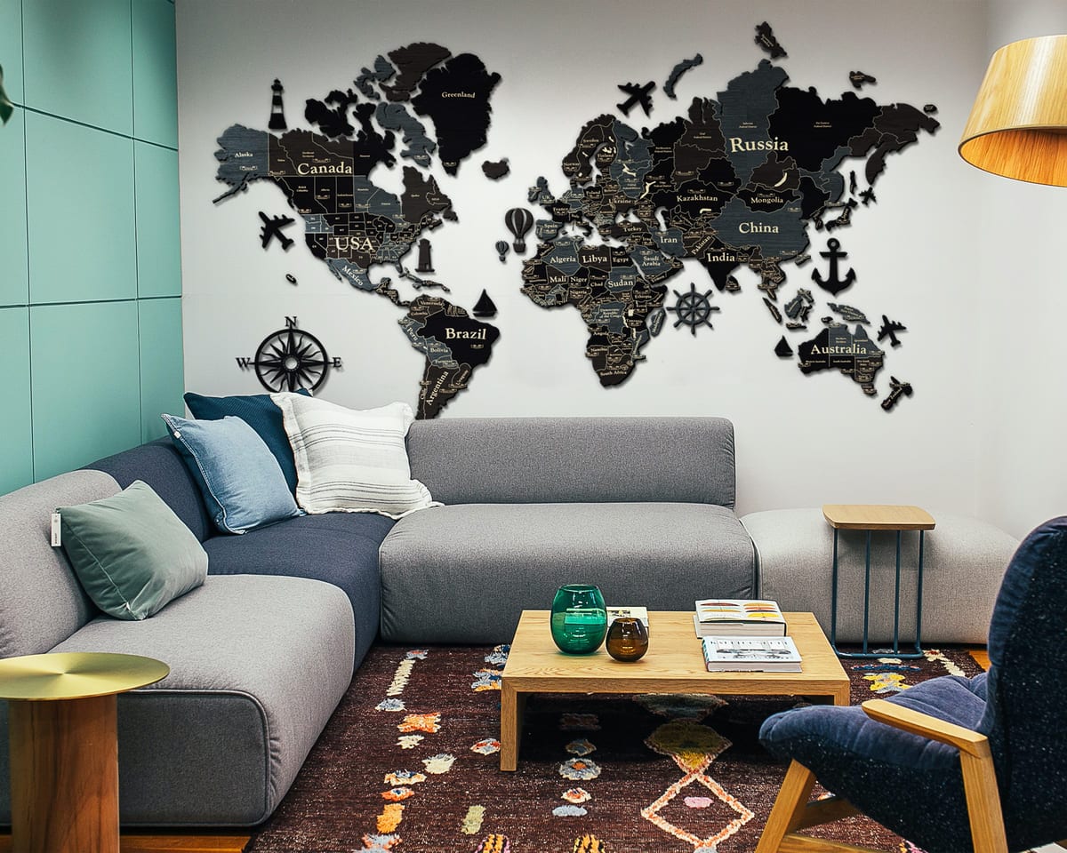 3D Wooden World Map (Standart) - Dark Grey