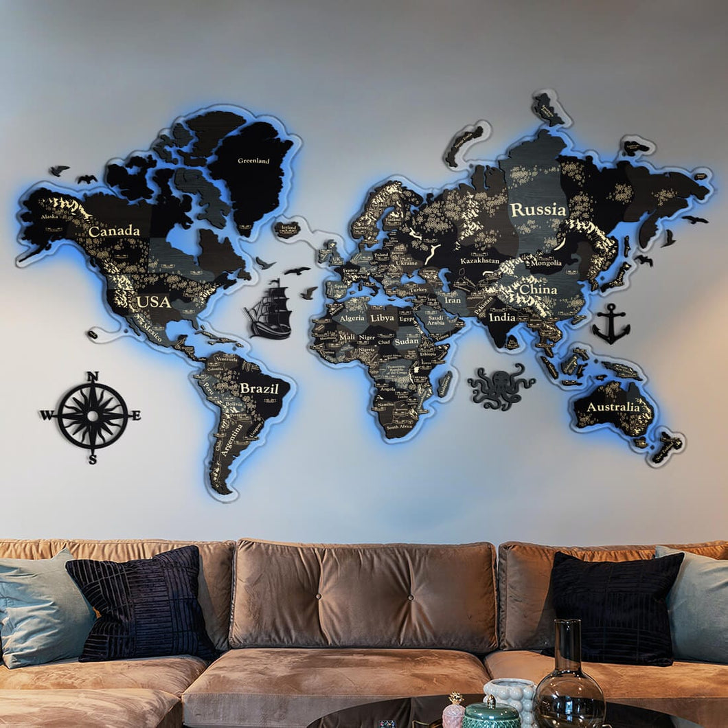 3D LED Wooden World Map Perfect World - Dark Grey