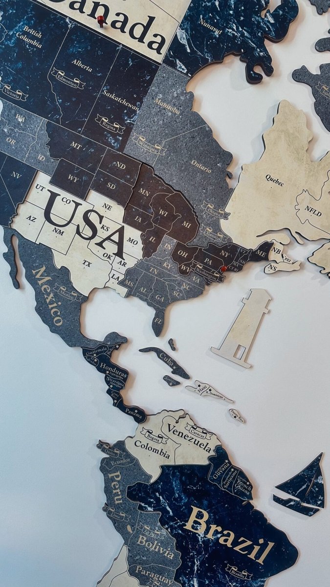 3D Colored Wooden World Map (Standart) - Sapphire Blue - JustLikeWood