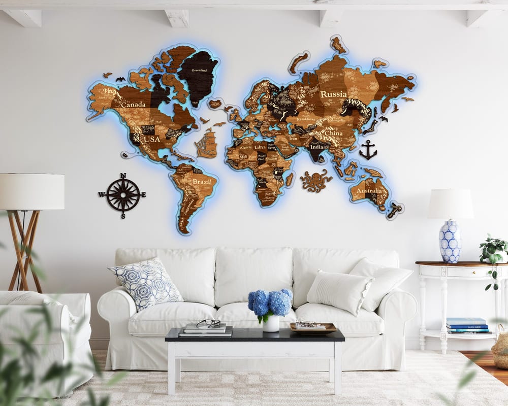 3D LED Wooden World Map Perfect World - Walnut & Wenge