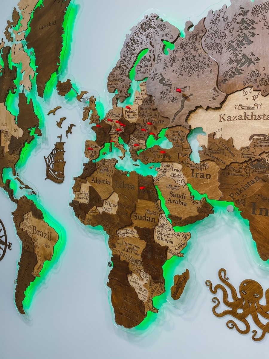 3D LED Wooden World Map Perfect World - Terra - JustLikeWood