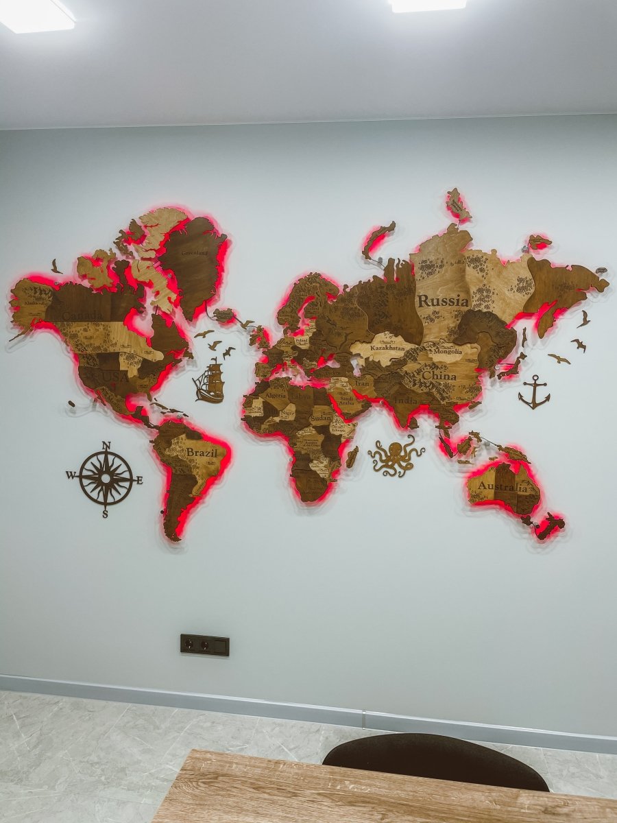 3D LED Wooden World Map Perfect World - Terra - JustLikeWood